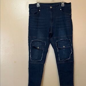 Women's Dark Blue Skinny Cargo Jeans with Patch Pockets